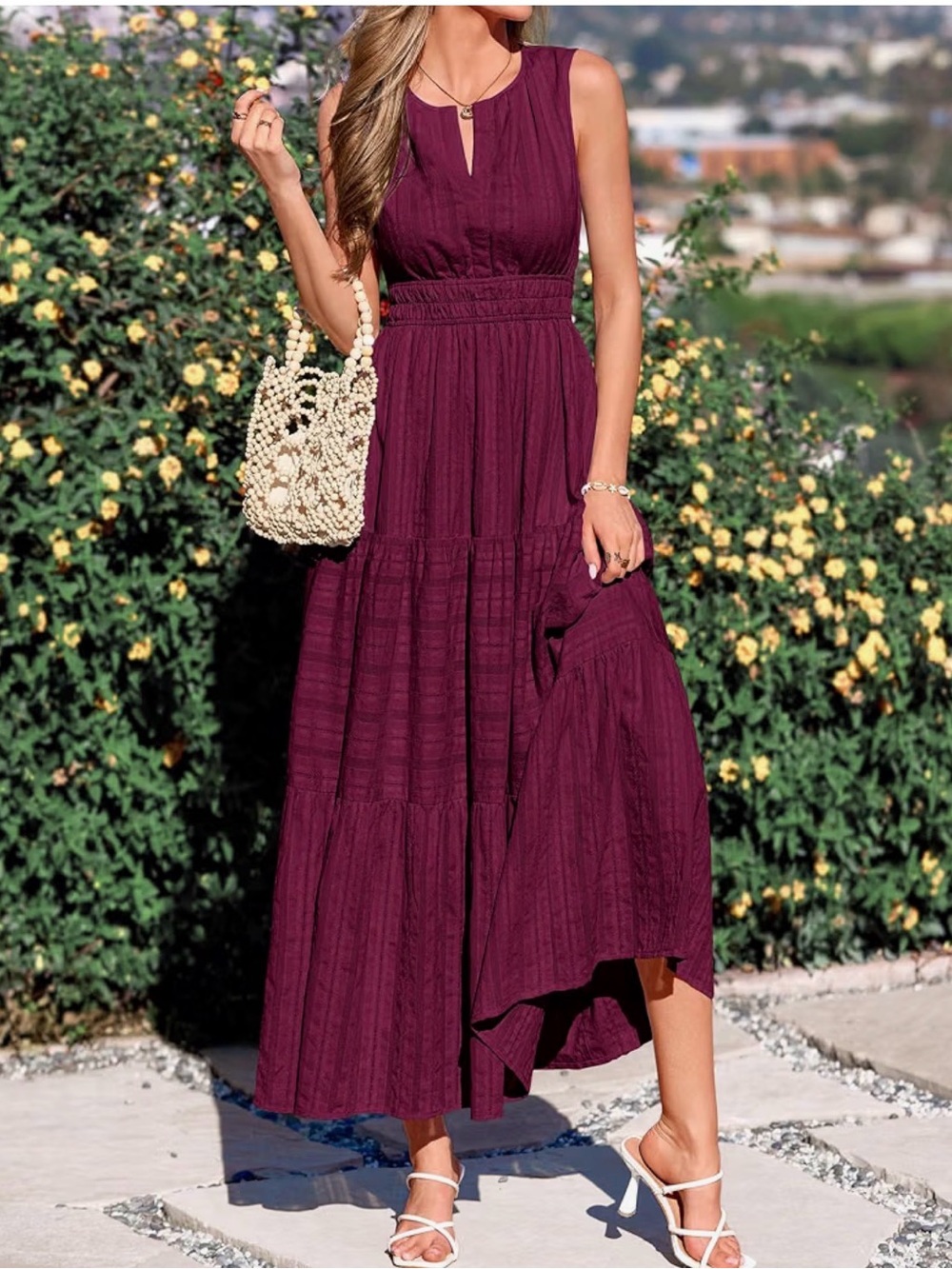 Sleeveless Cotton Maxi Dress in Burgundy